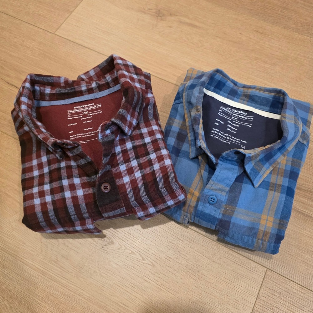 Lot of 2 REI Cooperative Mens L Plaid Flannel Shirts Blue Burgundy Cotton L/S